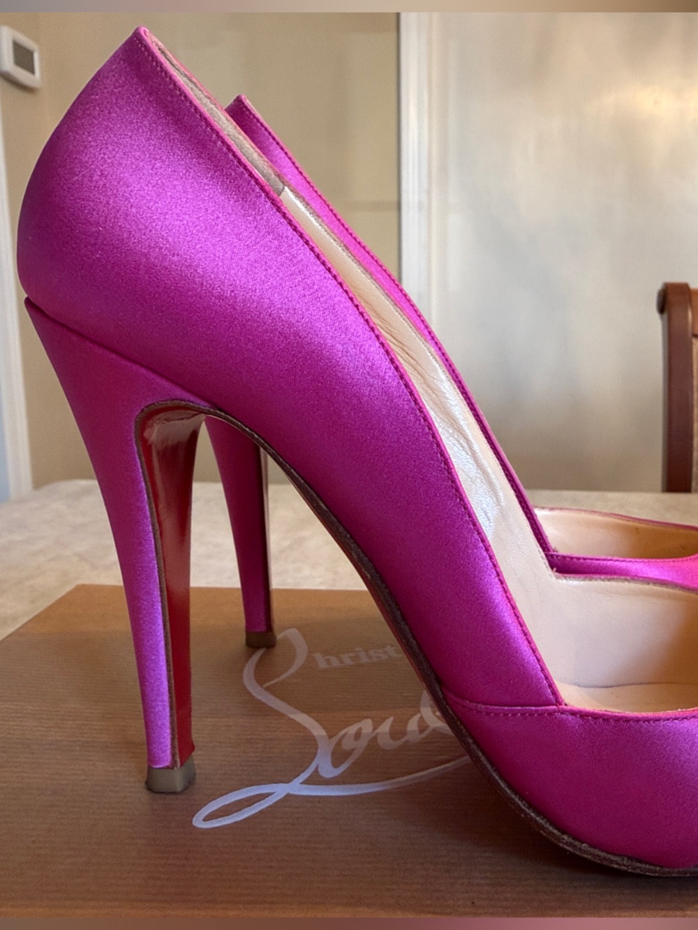 Christian Louboutin Fuchsia Satin Ruched Peep-Toe Pumps - Picture 2 of 8